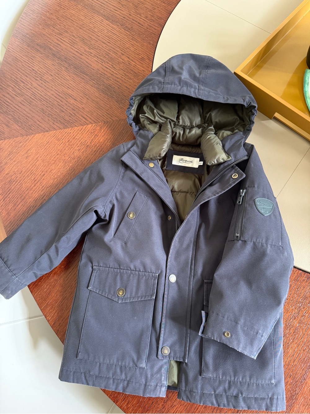 Bonpoint Navy Hooded Raincoat with Olive Lining